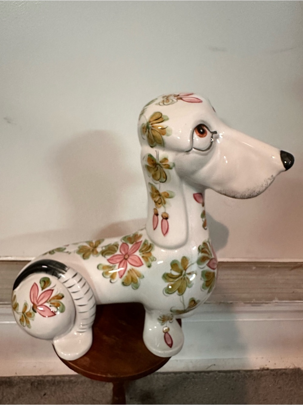 Life sized Italian hand painted ceramic dachshund.